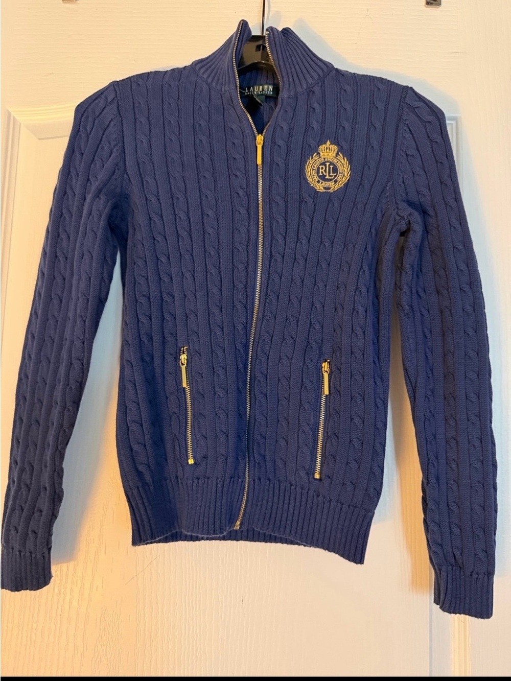 Women’s Ralph Lauren Royal Blue Cable Knit Zip-Up Sweater with Crest Sz Xs.